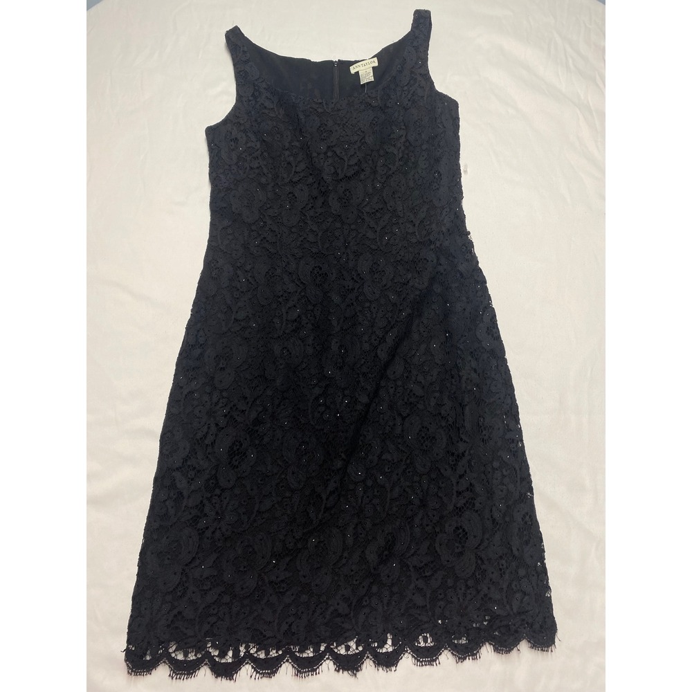 Ann Taylor Black Beaded Floral Lace Sheath Dress Sleeveless Scalloped Hem Size 8